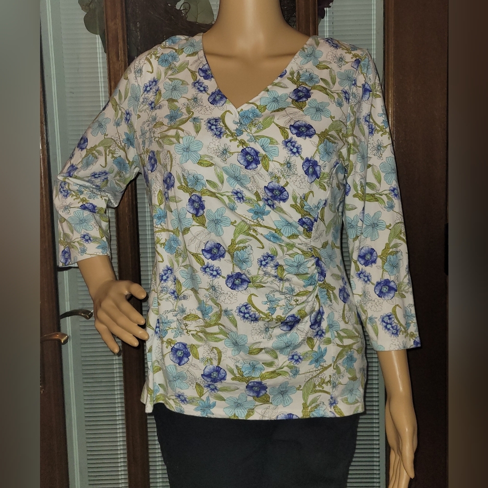 Talbots Cotton-Rich 3/4 Sleeve Faux Wrap Petite Large Top
